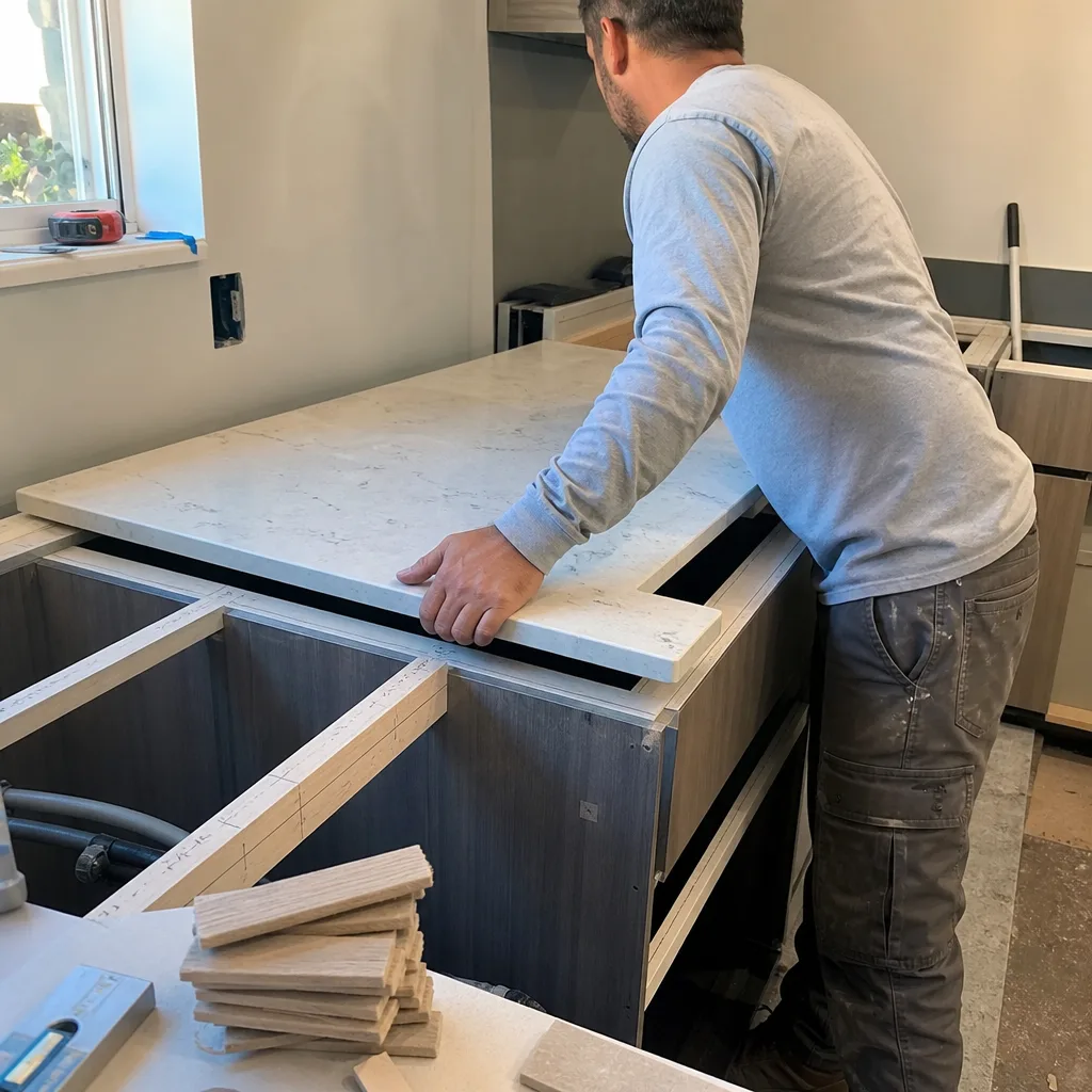 Contractor installing a stone countertop during a kitchen remodeling project