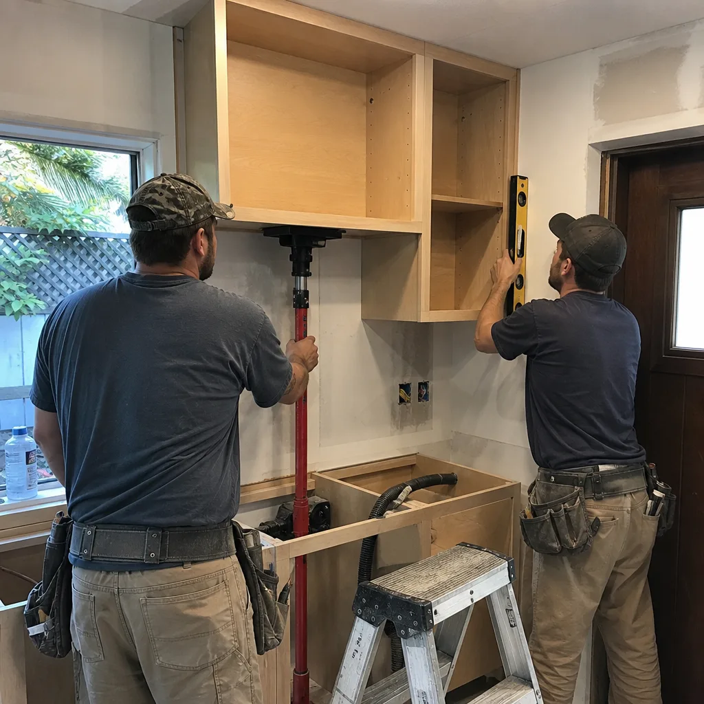 Two contractors installing wooden kitchen cabinets during a remodeling project
