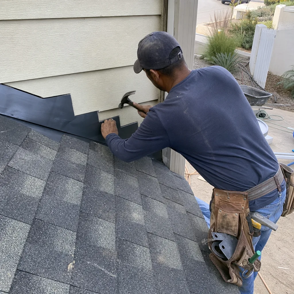 A roofer installing metal step flashing against siding on a residential roof.