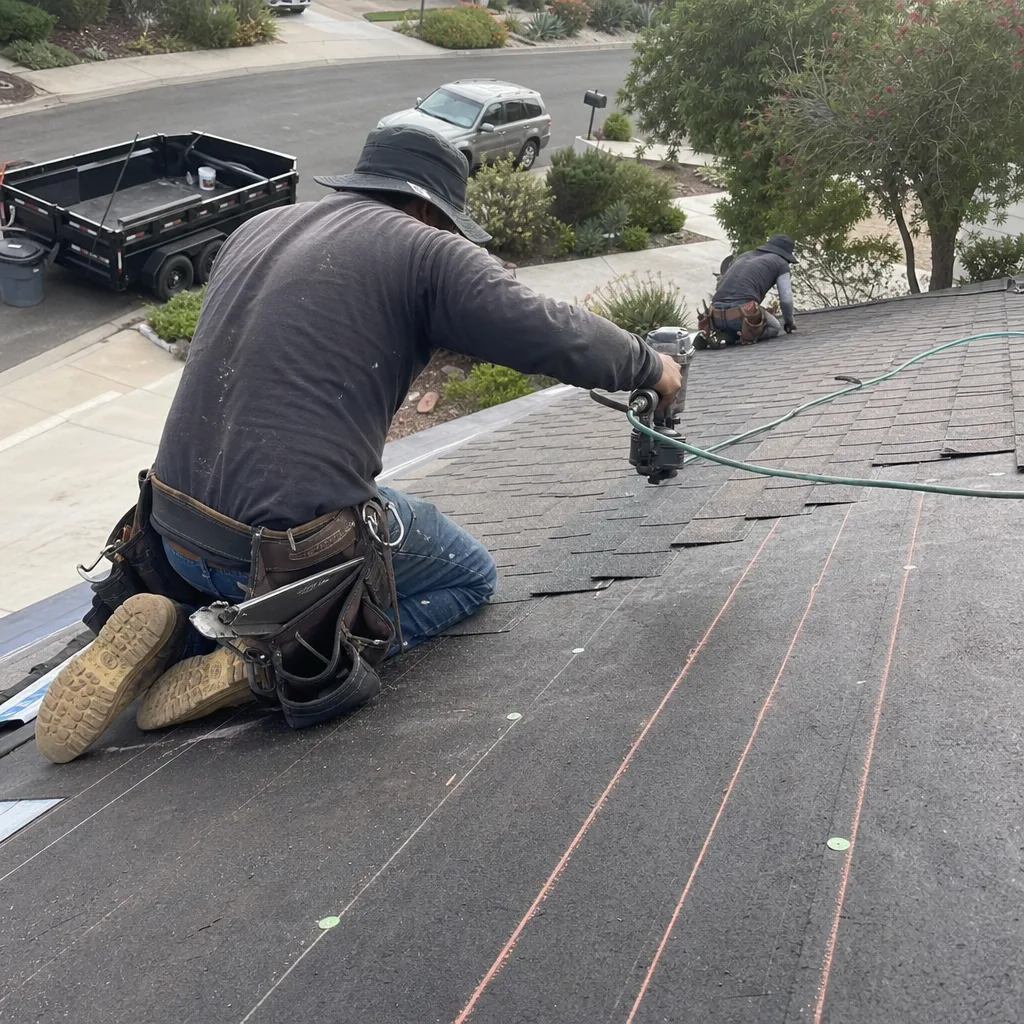 Two professional roofers installing asphalt shingles on a residential roof.