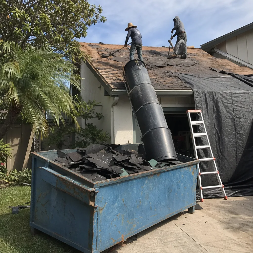 Two professional roofers removing old shingles and debris into a dumpster.