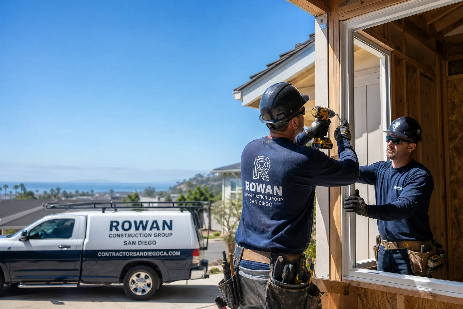 Rowan Construction Group San Diego construction service vehicle and crew in San Diego, CA